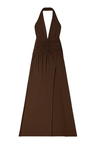 Brown halter neck dress on a white background